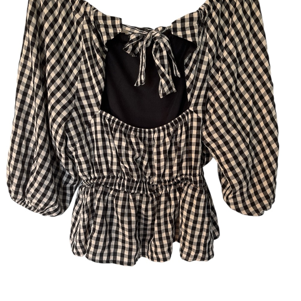 Cream and Black Puff Sleeve Peplum Blouse - Picture 2 of 4